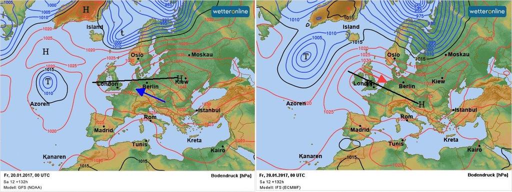 Voorspelling van de luchtdruk op 20 januari van vóór 12 januari (links) en van na 12 januari (rechts) De nieuwe voorspelling werd bewaarheid: in München werd het gedurende vele nachten -15 C en in