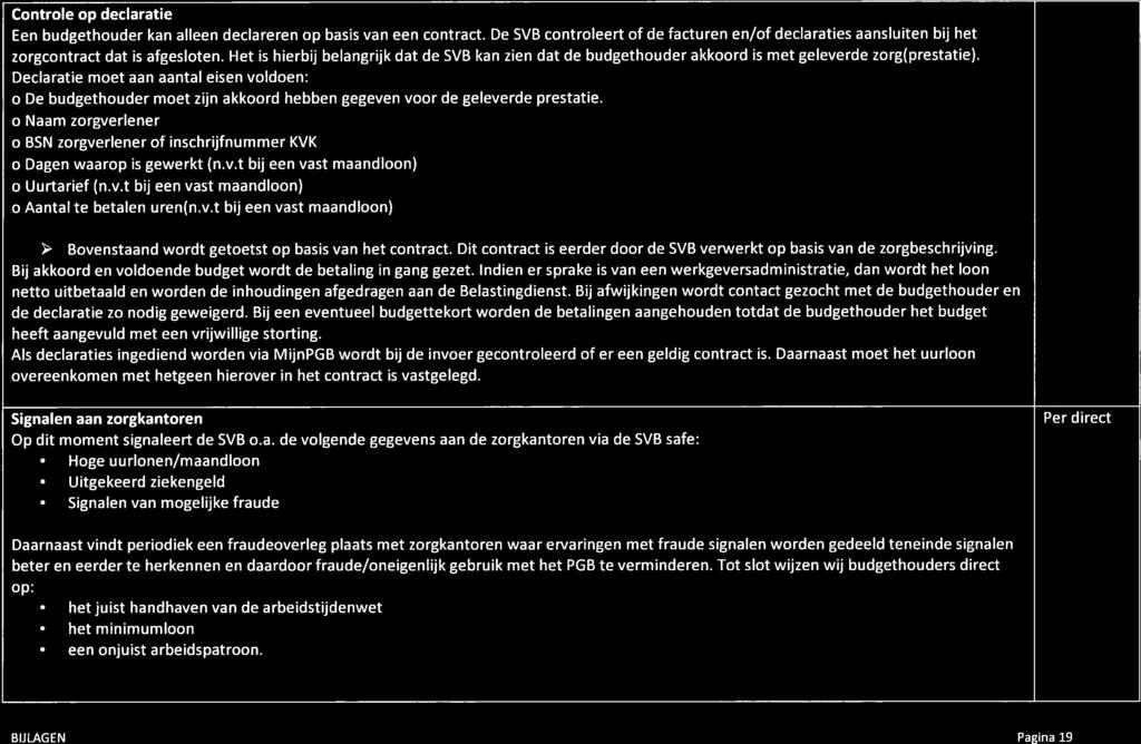 Controle op declaratie Een budgethouder kan alleen declareren op basis van een contract. De SVB controleert of de facturen en/of declaraties aansluiten hij het zorgcontract dat is afgesloten.