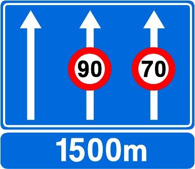 F89 Voorwegwijzer die een gevaar of een verkeersregel aankondigt die slechts van toepassing is op een of meerdere rijstroken van een