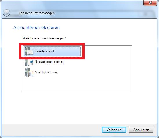 Kies in onderstaand scherm (uiteraard) de optie Emailaccount en klik op Volgende : U krijgt nu onderstaand scherm te zien : Hier