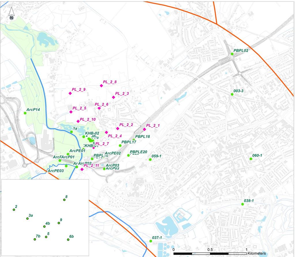 Figuur B1 Peilbuis locaties gebruikt voor de calibratie (groen) en verificatie (paars)