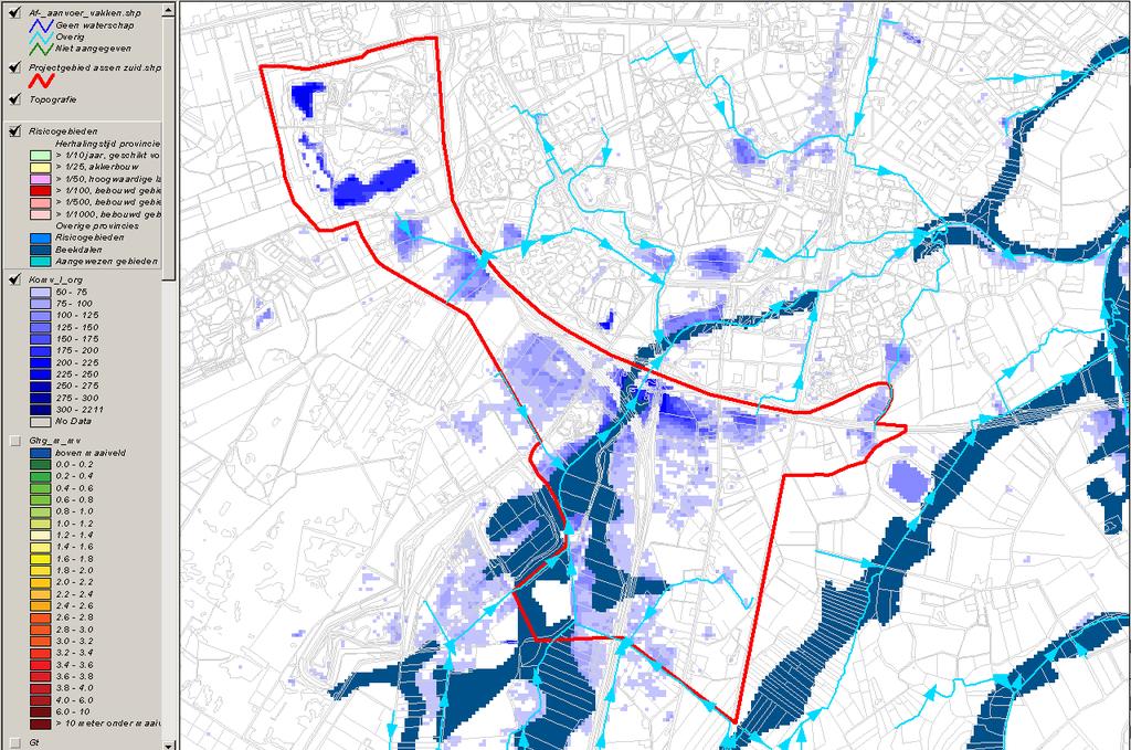 Figuur 4: Risicogebied overstroming (bron: Waterschap Hunze en Aa s). In de legenda van figuur 4 zijn ook mogelijke risicogebieden en aangewezen gebieden aangeduid.