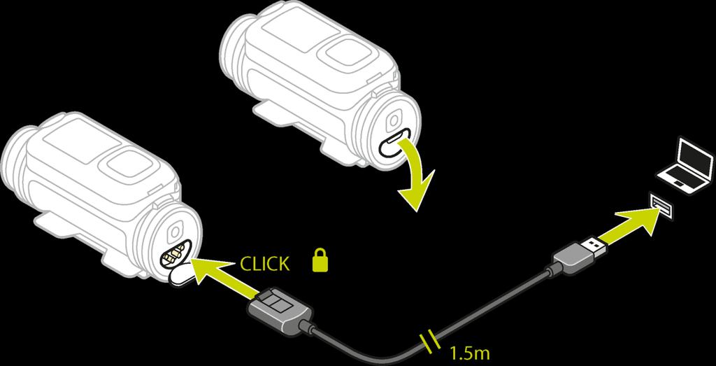 Je TomTom Bandit opladen Je kunt je TomTom Bandit op de volgende twee manieren opladen: De Batt-Stick opladen via de USB-aansluiting Belangrijk: als je de Batt-Stick of de lensdop verwijdert, moet je