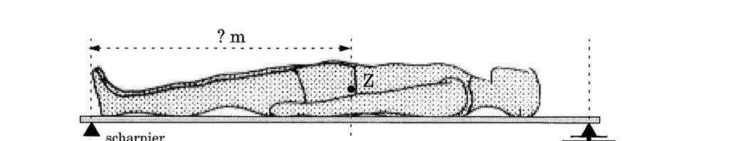 2000 Juli Vraag 3 Een horizontale plank met massa m = 10,0 kg wordt aan één zijde ondersteund door een scharnier en aan de andere zijde door een elektronische weegschaal (zie figuur).
