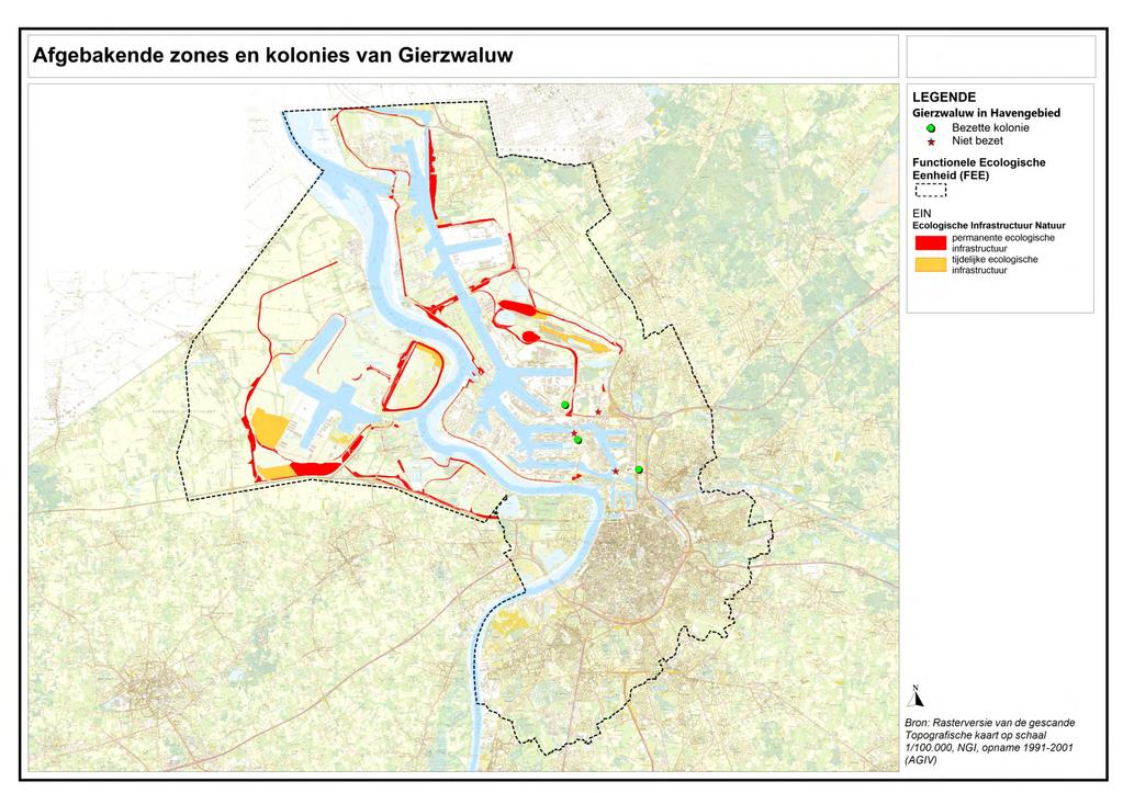 Figuur 13: Kaart Functionele Ecologische Eenheid voor Gierzwaluw met de locaties in het havengebied waar broedplaatsen voor Gierzwaluw