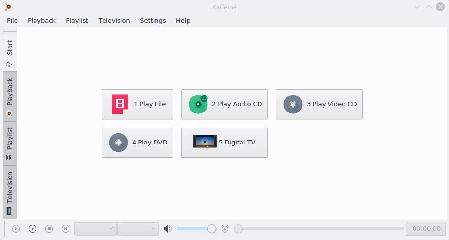 Hoofdstuk 1 Afspeler Kaffeine 1.1 Het startvenster Zoals vele andere mediaspelers ondersteunt Kaffeine een brede reeks van video- en audioformaten evenals afspelen van audio en video vanaf dvd en CD.