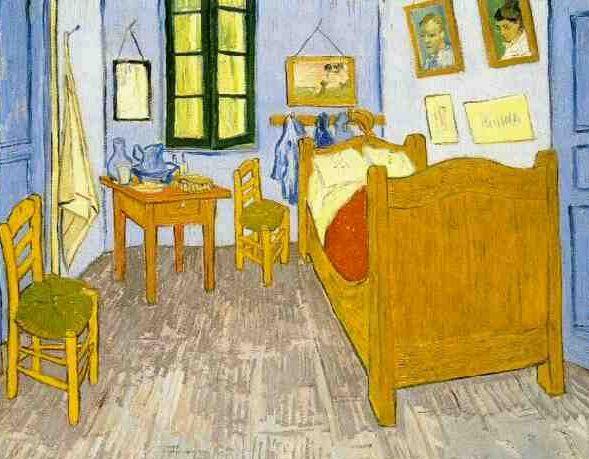 (a) Het schilderij (... ) (b) Kleurenimpressie van de originele kleuren van De slaapkamer zoals ze mogelijk zijn geweest toen Van Gogh het schilderij maakte.