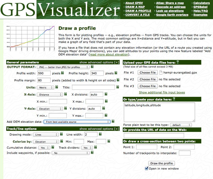 Naast het opgeven van het routebestand moet de optie Add DEM elevation data = From best available source geselecteerd worden om