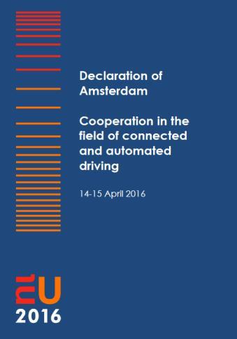 Declaration of Amsterdam Op de informele transportraad zijn door de 28 transportministers afspraken gemaakt over de stappen die nodig zijn voor de ontwikkeling van zelfrijdende technologie in de EU (