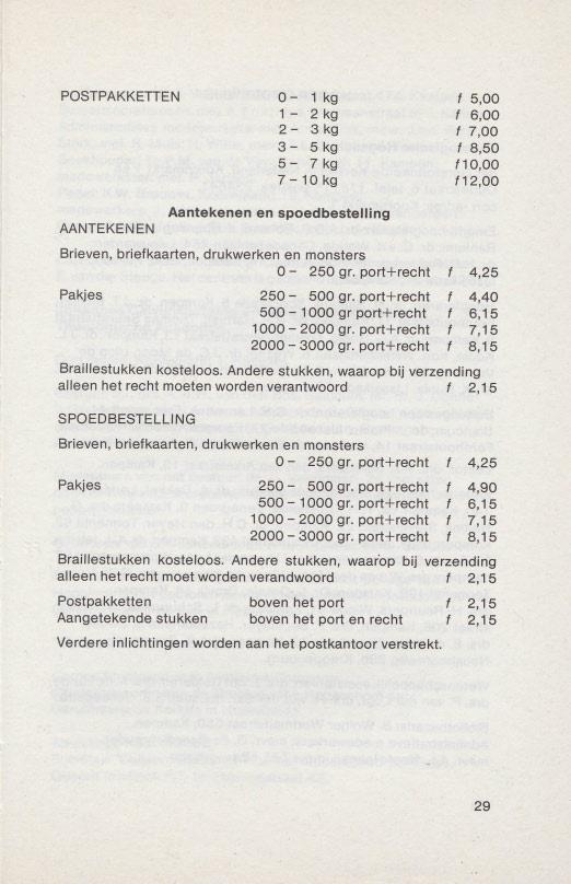 POSTPAKKETTEN 0-1 kg, 5,00 1-2 kg, 6,00 2-3 kg t 7,00 3-5 kg t 8,50 5-7 kg t 10,00 7-10 kg '12,00 Aantekenen en spoedbestelling AANTEKENEN Brieven, briefkaarten, drukwerken en monsters 0-250 gr.