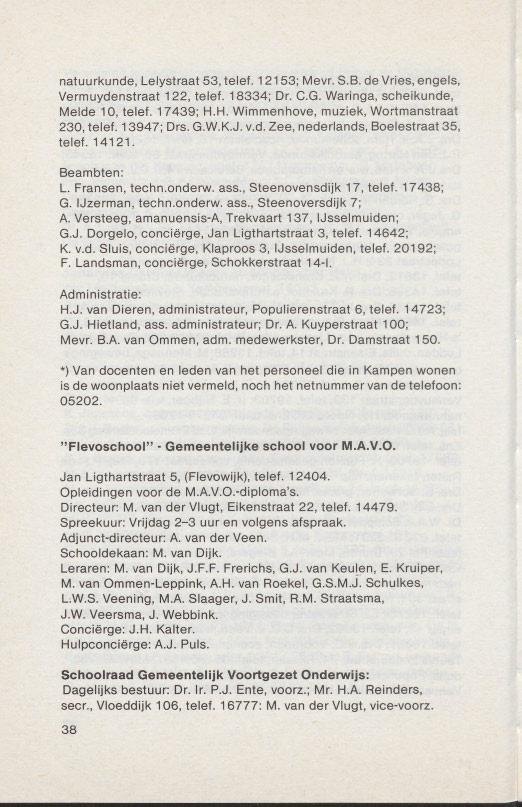 natuurkunde, Lelystraat 53, telef. 12153; Mevr. S.B. de Vries, engels, Vermuydenstraat 122, telef. 18334; Dr. C.G. Waringa, scheikunde, Melde 10, telef. 17439; H.