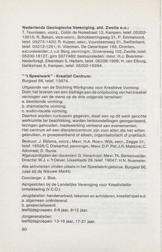 Nederlands Geologische Vereniging, afd. Zwolle e.o.: T. Teunissen, voorz., Colijn de Nolestraat 12, Kampen, telef. 05202-13515; R. Baken, vice-voorz., Schokkerringweg 31, P. Emmeloord, telef.