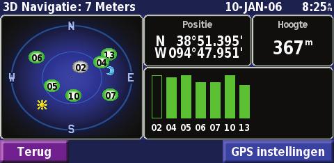 Pagina GPS-info In de menupagina tikt u op de balkjes voor de signaalsterkte linksboven in het scherm om de pagina GPS-info weer te geven.