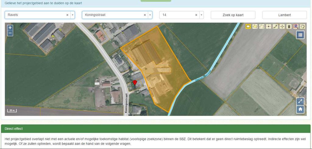 De afbakening van het projectgebied voor een veehouderij levert het volgende resultaat op: De rode ruit geeft de locatie aan die werd bepaald aan de hand van het opgegeven adres.