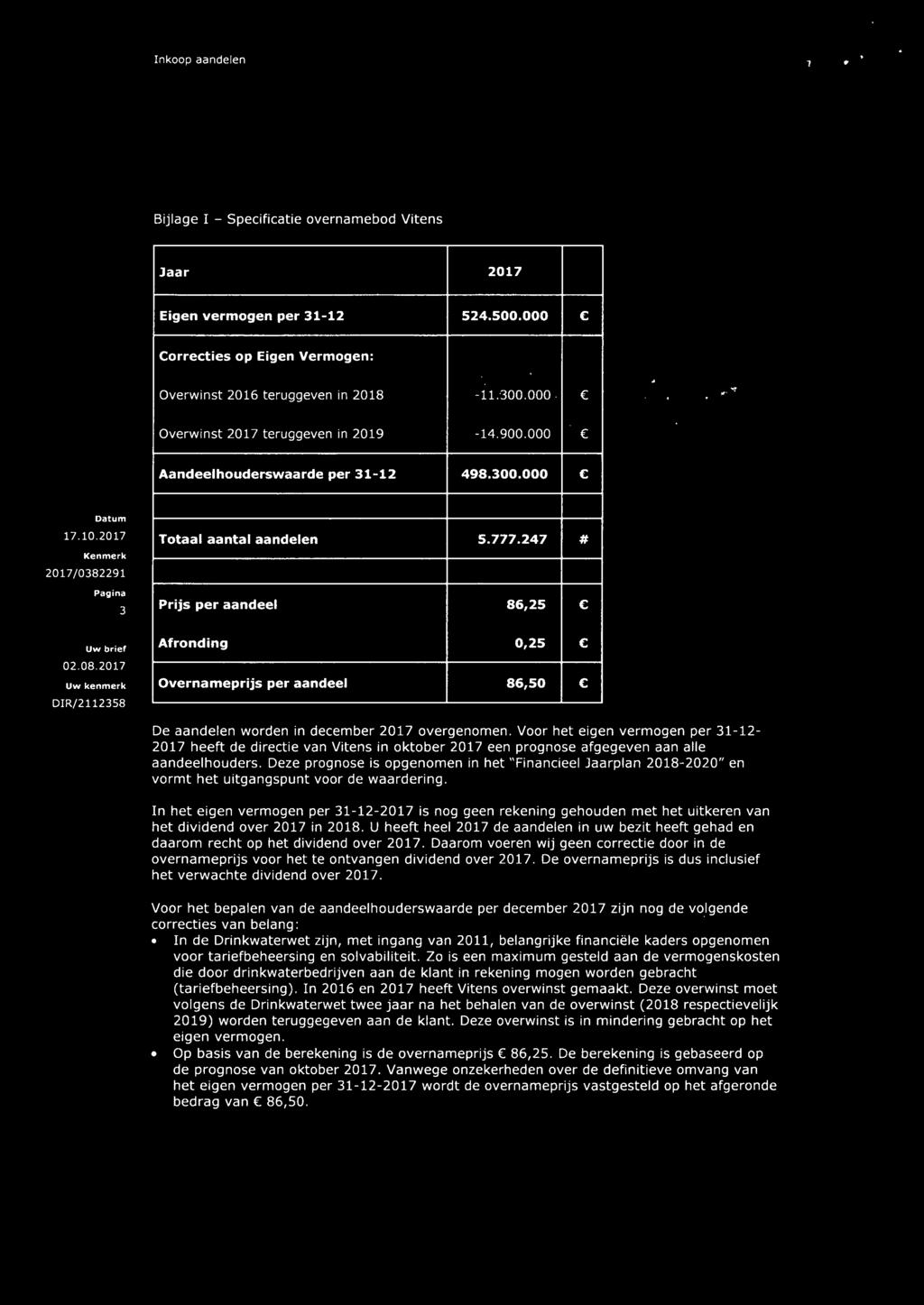 247 # Prijs per aandeel 86,25 C Uw brief 02.08.2017 Uw kenmerk DIR/2112358 Afronding 0,25 C Overnameprijs per aandeel 86,50 C De aandelen worden in december 2017 overgenomen.