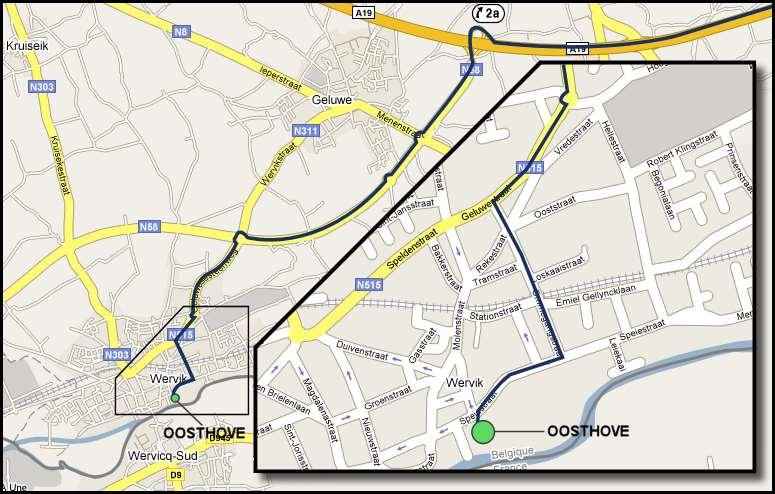 U komt van Oostende of richting Brugge: U neemt de A17 richting Kortrijk even voor Kortrijk neemt u de A19 richting Ieper voorbij Menen neemt u de afrit Wervik aan de 3 e rotonde links naar het