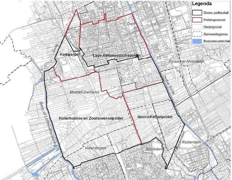 Figuur 1.1 Plangebied Abtswoude: polder- en gemeentegrenzen 60 70 80 Het gebied Abtswoude wordt bemalen en watert af naar Delflands Boezem.