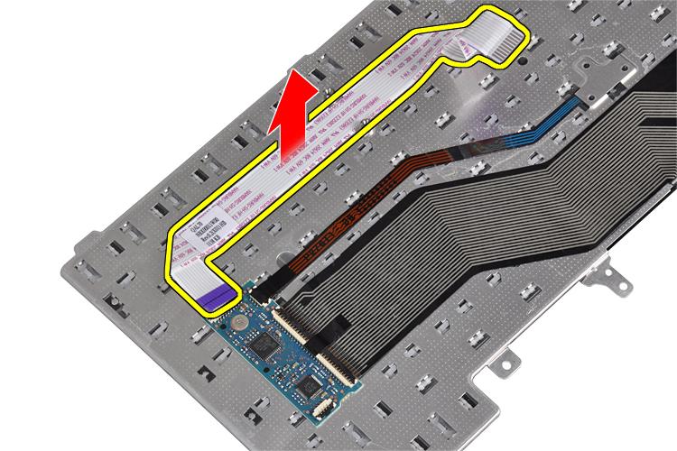 9. Koppel de toetsenbordkabel los van het toetsenbord. 10. Verwijder de toetsenbordkabel uit het toetsenbord. Het toetsenbord plaatsen 1.