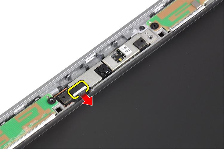 De camera- en microfoonmodule verwijderen 1. Volg de procedures in voordat u werkzaamheden in de computer verricht. 2. Verwijderen: a) batterij b) beeldschermpaneel 3.