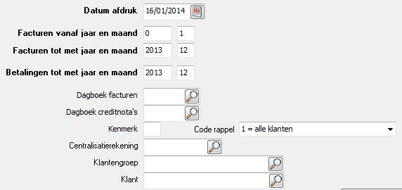 - Centralisatierekening: Je kan de afdruk openstaande ook beperken tot de gebruikte centralisatierekening.