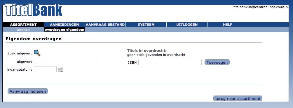 4.9 Assortiment Overdragen eigendom Het is mogelijk om de rechten op individuele ISBN s in Titelbank over te dragen naar een andere uitgever.