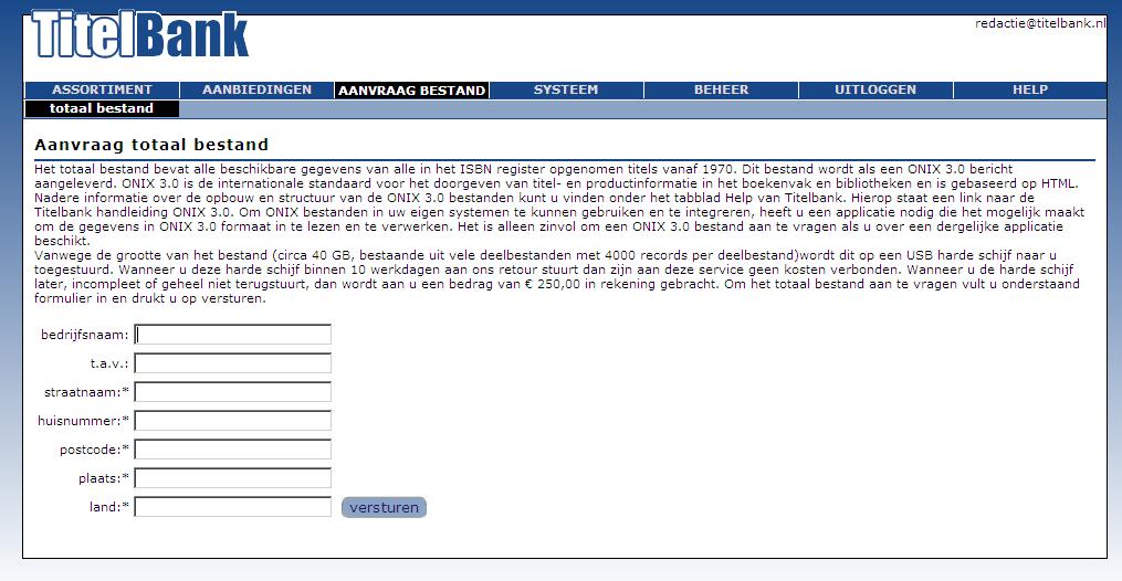 4.13 Aanvraag bestand Totaal bestand Het totaal bestand bevat alle beschikbare gegevens van alle in het ISBN register opgenomen titels vanaf 1970. Dit bestand wordt als een ONIX 3.