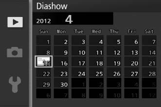 Diashows Druk op de G-knop, selecteer Diashow in het weergavemenu en volg de onderstaande stappen om een diashow van de foto s op de geheugenkaart te bekijken.