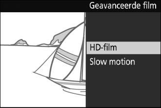 Het filmtype kiezen Druk op & om te kiezen tussen high definition of slow motion, draai vervolgens aan de instelschijf om een van de volgende opties te markeren en druk op de instelschijf om te
