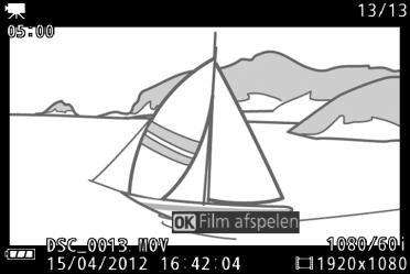 Films bekijken Films worden aangeduid met een 1-pictogram in schermvullende weergave (0 30). Druk op J om weergave te starten.