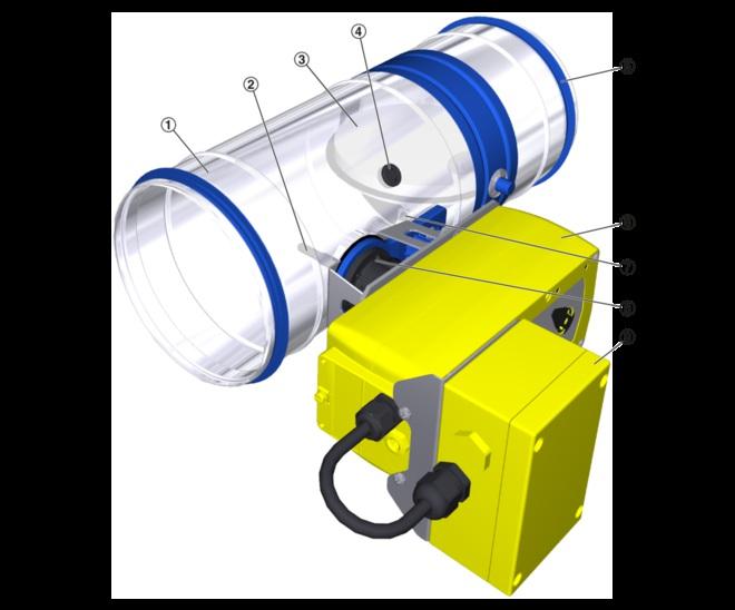 1 Behuizing 2 Temperatuurvoeler 3 Klepblad met afdichting 4 Inspectieopening (12 mm) 5 Lipafdichting 8 Veerretourmotor ExMax 7 Aanslag DICHT-stand 8