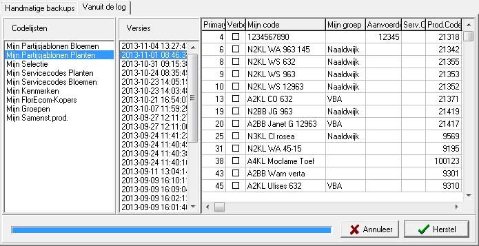 47.3 Vanuit de log backup terughalen De backup vanuit de log is bedoelt om codelijsten terug te halen die u zelf gemaakt heeft. Dit gaat bijvoorbeeld op de "Partijsjablonen" en "Mijn Selectie".