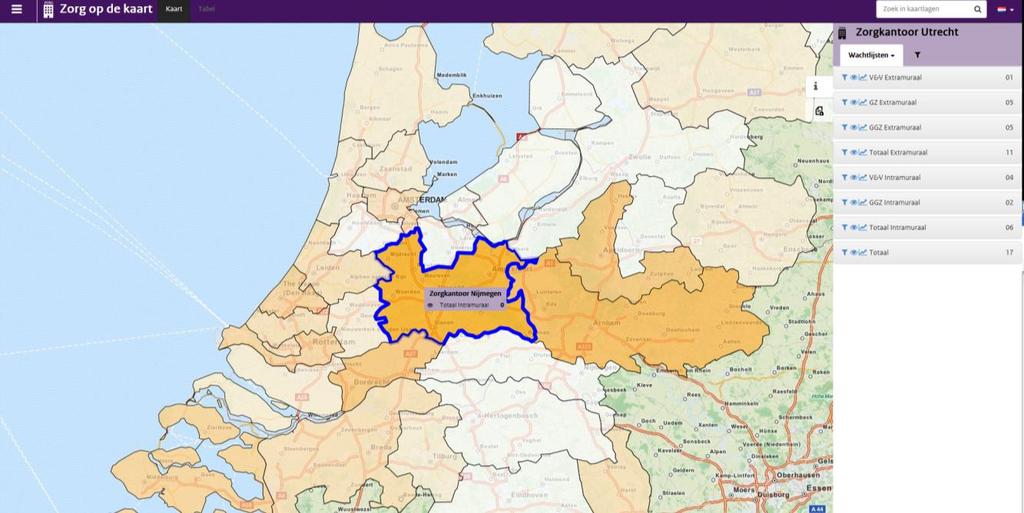 Wachtlijsten WLZ op Zorg op de kaart De gegevens van de wachtlijsten zijn afkomstig van het Zorginstituut Nederland. Voor Zorg op de kaart zijn gegevens geaggregeerd per zorgkantoorregio.