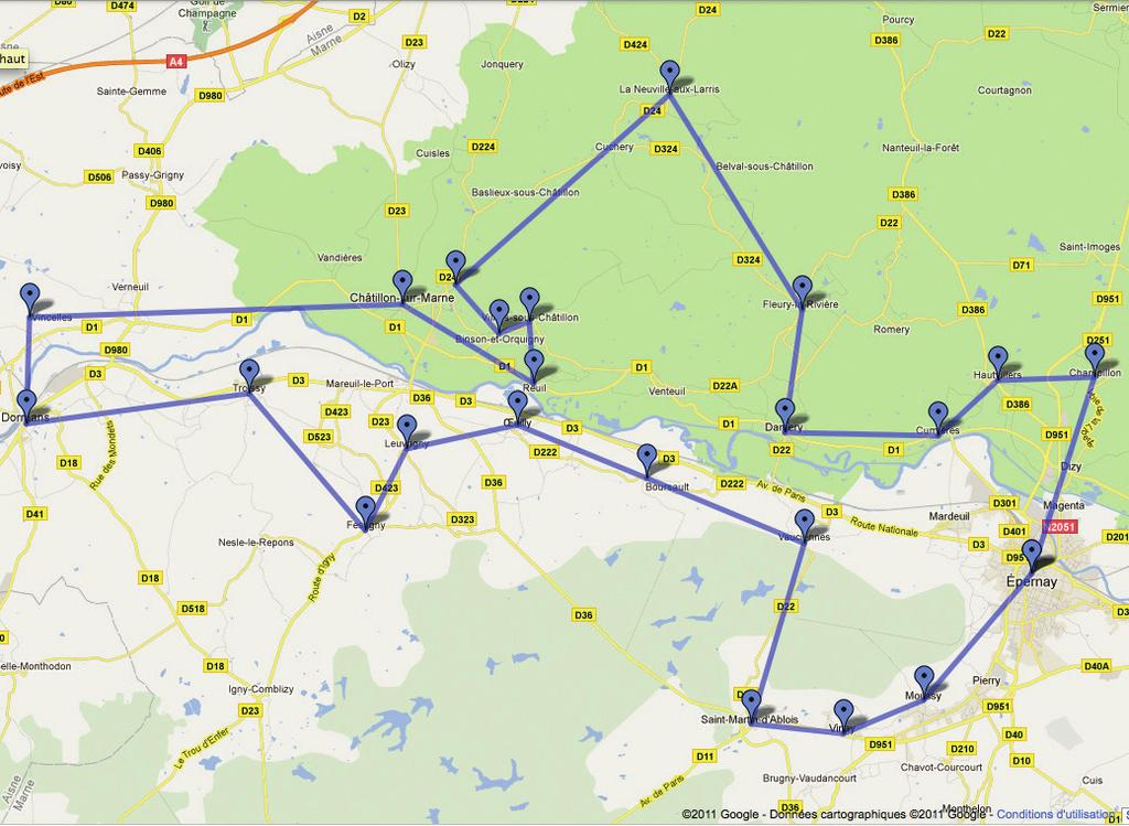 CHAMPAGNEROUTE 3: ROUTE DU CHAMPAGNE 3: MARNEVALLEI - VALLÉE DE LA MARNE Deze route ligt hoog boven de vallei en biedt daarmee vaak prachtige