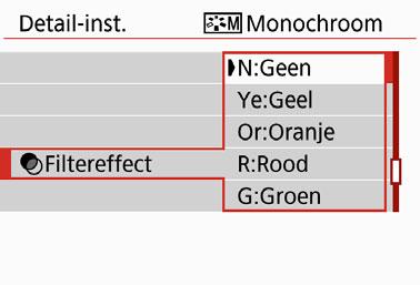 A Een beeldstijl aanpassenn V Monochroom aanpassen Naast de effecten die worden beschreven op de vorige pagina zoals [Contrast] of [Sterkte], [Details] en [Drempel] voor [Scherpte], kunt u ook