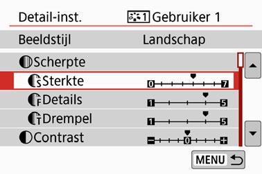 A Een beeldstijl vastleggenn 5 6 Selecteer een parameter. Selecteer de parameter (zoals [Sterkte] of [Scherpte]) die u wilt instellen en druk vervolgens op <0>. Stel de parameter in.