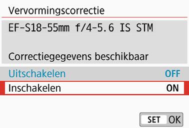 3 Correctie van lensafwijking door optische eigenschappenn Correctie chromatische aberratie 1 2 3 Vervormingscorrectie 1 2 3 Selecteer [Corr. chromat. afw.]. Selecteer [Inschakelen].