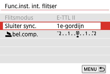 Flitsbelichtingscorrectie Sluitersynchronisatie [Func.inst. int. flitser] [Func.inst. externe flitser] Hoofdfuncties voor [Func.inst. int. flitser] en [Func.inst. externe flitser] Functie [Func.inst. int. flitser] [Func.inst. externe flitser] Norm.