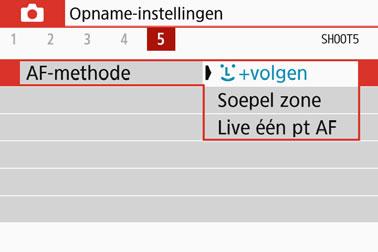 3 Scherpstellen met AF De AF-methode selecteren U kunt een AF-methode selecteren die bij de opnamesituatie en bij uw onderwerp past. De volgende AF-methoden zijn beschikbaar: [u(gez.)+volgen] (pag.