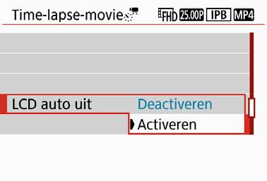 N Time-lapse-movies opnamen 6 Stel in of het LCD-scherm automatisch moet worden uitgeschakeld. Selecteer [LCD auto uit] en stel in.