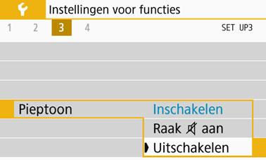 Handige functies 3 De pieptoon uitzetten U kunt voorkomen dat er een pieptoon klinkt zodra er is scherpgesteld of bij opnamen met de