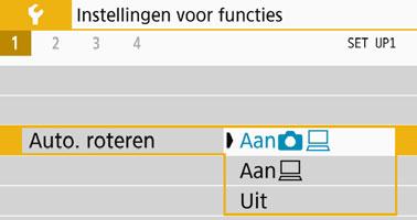 Selecteer op het tabblad [51] de optie [Auto. roteren] en druk vervolgens op <0>. De beschikbare instellingen worden hieronder beschreven. Selecteer de optie en druk vervolgens op <0>.