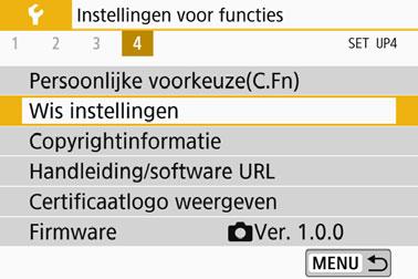 Handige functies 3 De camera terugzetten op de standaardinstellingenn De instellingen voor de opnamefunctie en de menu-instellingen van de camera kunnen worden teruggezet naar de