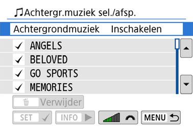 3 Diavoorstelling (automatische weergave) De achtergrondmuziek selecteren Nadat u met EOS Utility (EOS-software) achtergrondmuziek naar de kaart heeft gekopieerd, kunt u de diavoorstelling met een