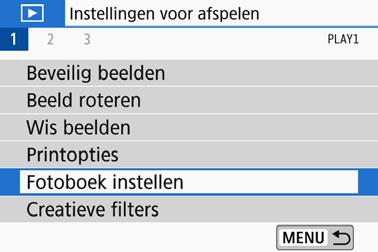 p Beelden selecteren voor een fotoboek U kunt aangeven welke opnamen (maximaal 998) u wilt hebben geprint in een fotoboek.