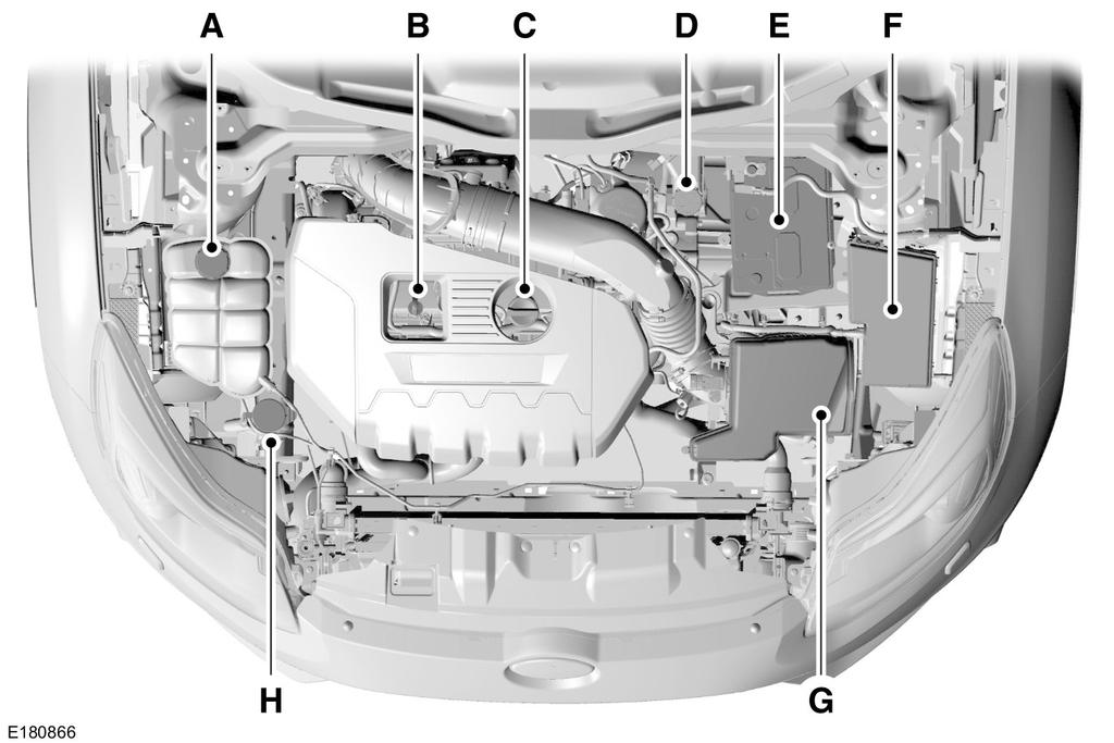 Onderhoud OVERZICHT MOTORRUIMTE - 2,0L ECOBOOST A B C D D E F G H Expansiereservoir: Zie Motorkoelvloeistof controleren (bladzijde 225). Oliepeilstaaf: Zie Motorolie controleren (bladzijde 224).