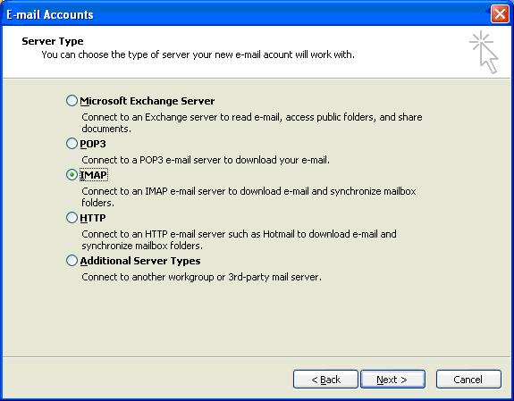 Mailinstelling stap 3 Configureer de server Figuur 5.2. Selecteren van een servertype 5.1.5. Mailinstelling stap 3 Configureer de server Het volgende scherm vraagt u naar de instellingen om met uw e-mailserver te kunnen verbinden.