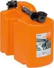 Combi-jerrycan, oranje Combi-jerrycan, transparant Koker Metalen jerrycan Standaard Dubbel reservoir voor 5 l brandstof en 3 l kettingolie. Met UN-certificaat. Bestelnr.