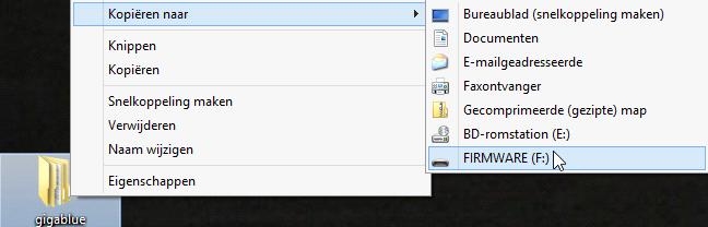 op deze map en navigeer naar "Kopiëren naar" en vervolgens naar "FIRMWARE (F:)", zie figuur
