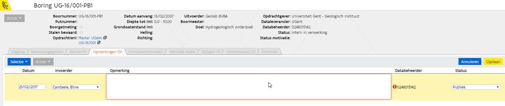 5.2.4 Stap 4: Voeg in een opmerking toe waarom deze gegevens de status permanent intern hebben. Ga naar het tabblad Opmerkingen en klik op Acties Nieuwe rij toevoegen. Klik daarna op Opslaan. 5.