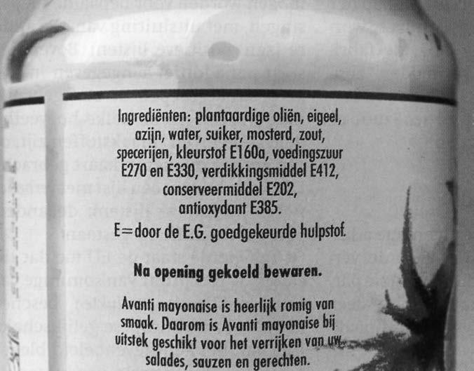 Fig. 1.1 Een etiket van mayonaise 12 Uitvoering Zelfgemaakte mayonaise is lekkerder dan mayonaise uit een potje. Je gaat verschillende soorten mayonaises met elkaar vergelijken.